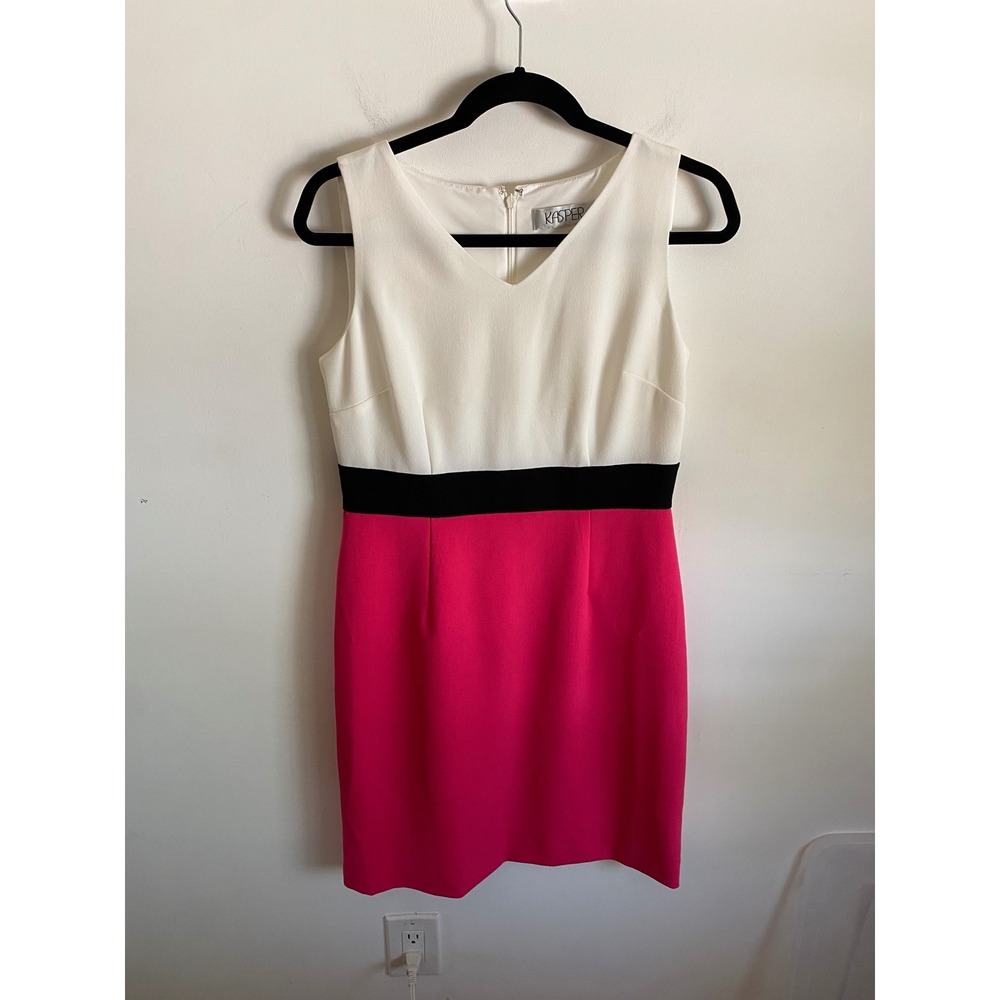 Kasper Womens Colorblock Sheath Dress V-Neck Sleeveless White Pink Black 4